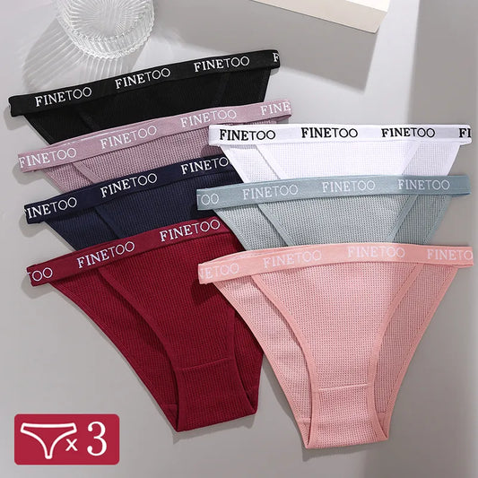 Our finetoo 3Pcs/Set Sexy Waffle Plaid Cotton Briefs Women Panties Lady Solid Low Waist Underwear Female Soft Breathable Intimates Lingerie