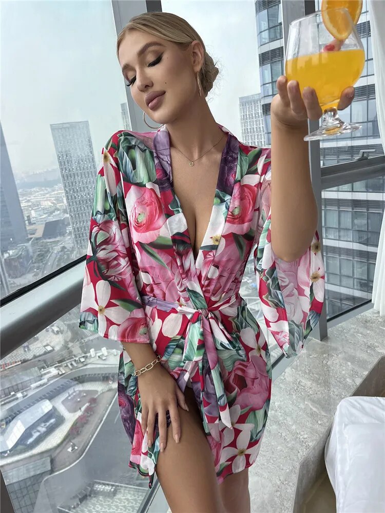 Crunchy leopard and floral Sexy Bathrobe Allover Nightdress Mesh Nightwear Cozy Belted Robe for wedding party or pajamas for night or a hang out at home between friends