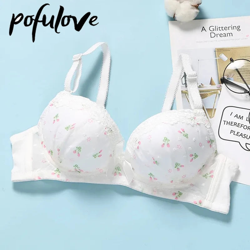 Our Teen Girl Bra Pink Kawaii Lace Floral Bras Push Up Bralette Wireless Underwear Seamless Brassiere Student Lingerie Cute 75 A B