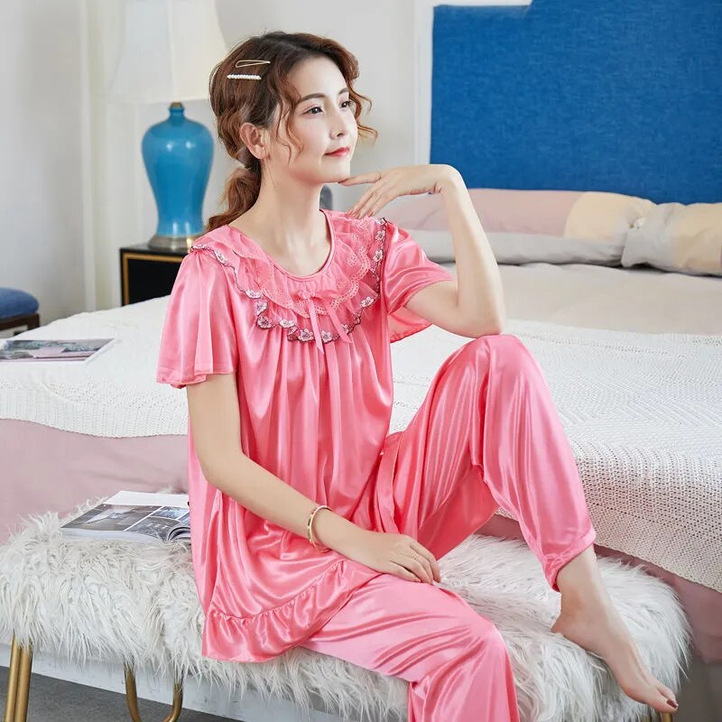 Candy luxury Plus Size 5XL Satin Pajamas Set Women's Pajamas with Shorts Home wear for Middle Age Women Nightwear Nighty for Ladies