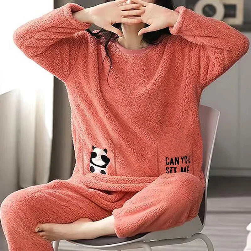 Mimi Women's Autumn Winter Warm Flannel Women Pajamas Sets Thick Coral Velvet Long Sleeve Cartoon Sleepwear Thin Flannel Pajamas Set