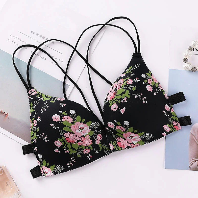 Our Women Flower Printed Bras Front Buckle Wireless Bralette Sexy Lingerie Comfort Push Up Floral Bras