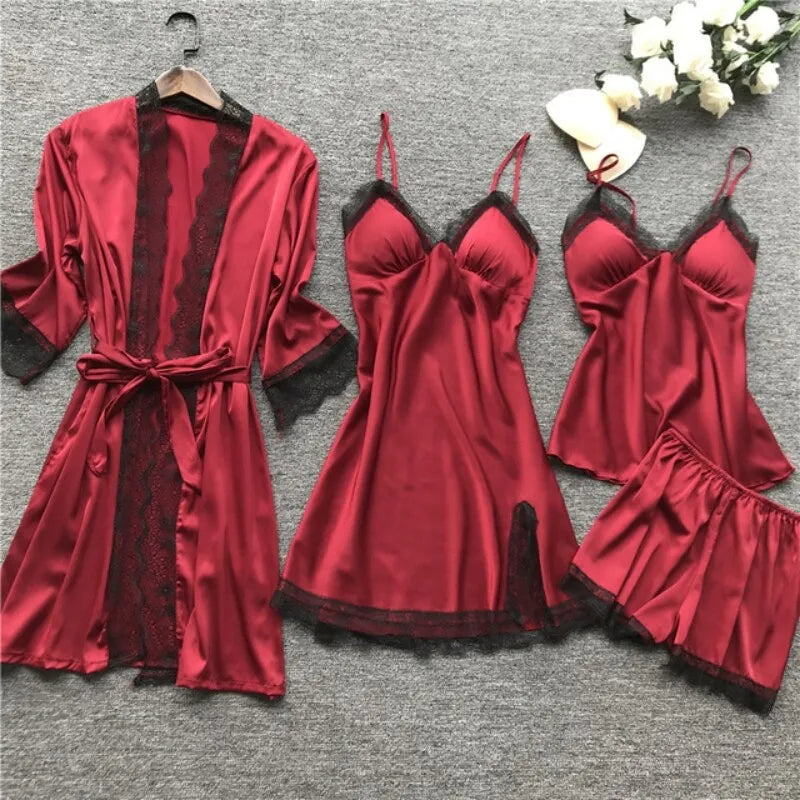 Cartie 4PCS/Set Sleep Suit Women Lace Set Sexy V-Neck Cami Nighties Comfortable Pajamas Nightwear Nightdress Fashion Home Clothes