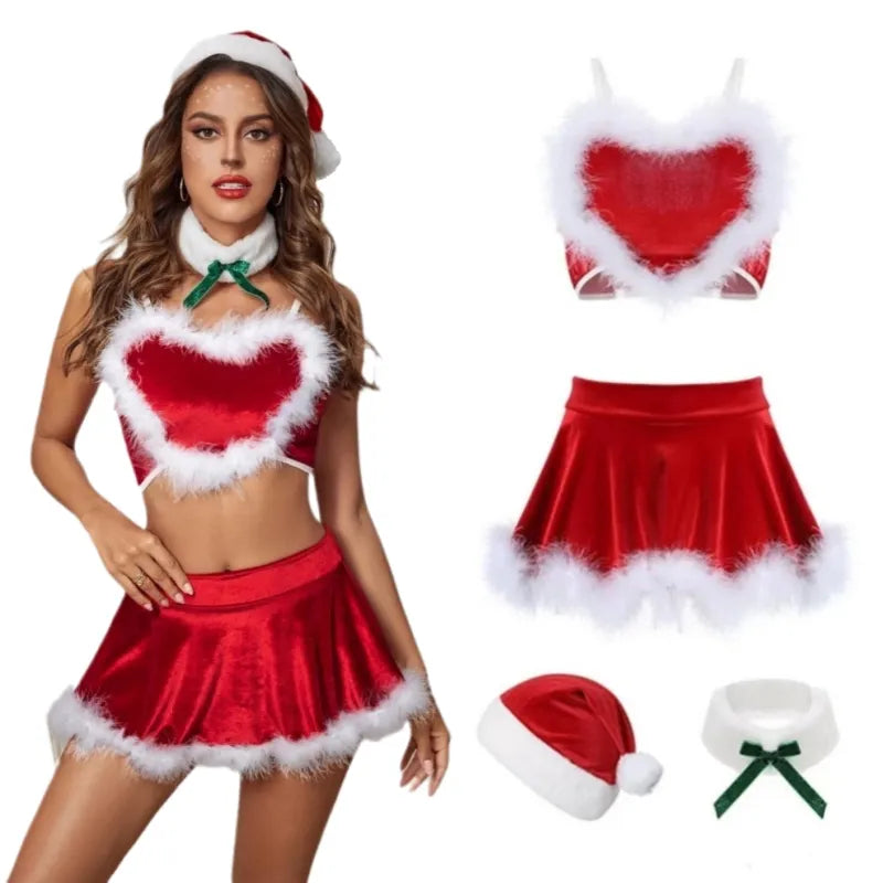 Santa is coming Christmas Nightwear Uniforms Women Sexy Lace Transparent Babydoll Dress New Year Red Lingerie Set