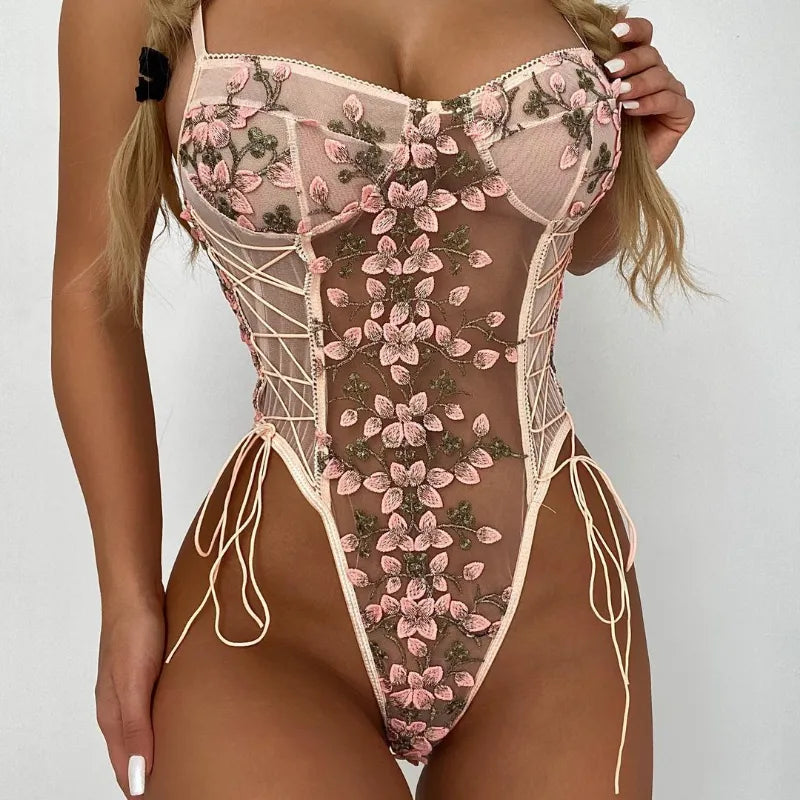 Catty Sexy corset Floral Embroidery Bodysuit Sleeveless Backless Underwear Transparent teddies