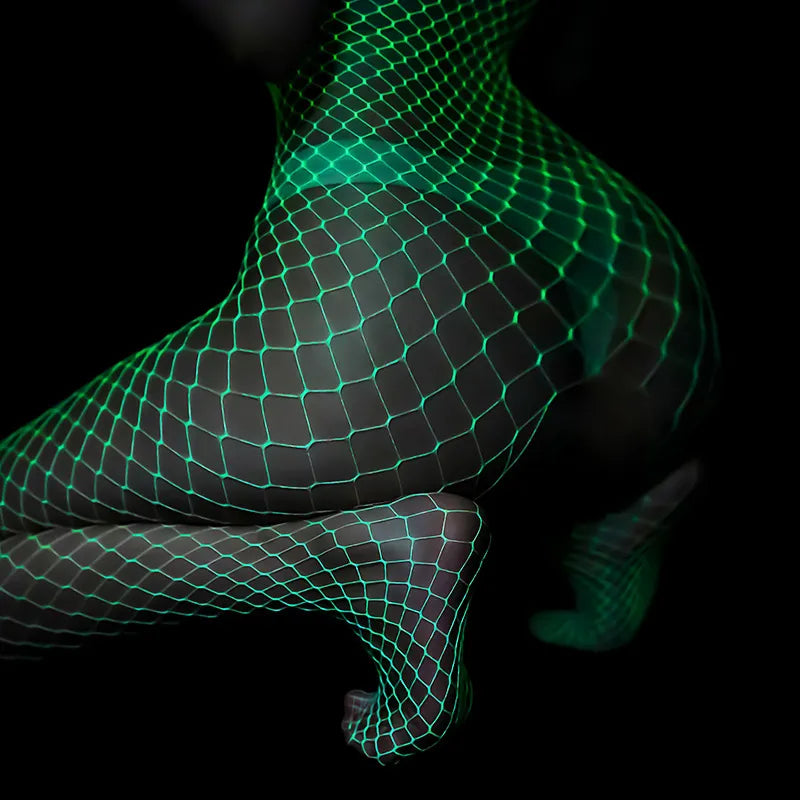 woman Glow In The Dark Fishnet teddy and Bodysuits bottomless Hot night dresses bottomless set of one