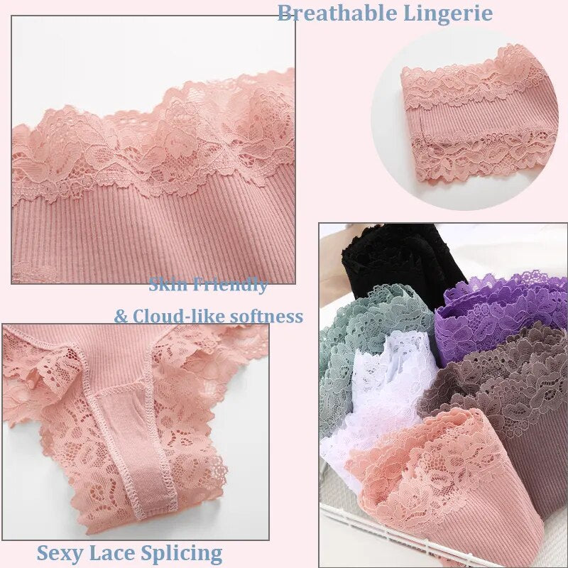 Kayna 3PCS Lace Seamless Cotton Panties Ribbed Brazilian Pants Low Waist Women Panties Breathable Girls Underwear Plus Size Lingerie