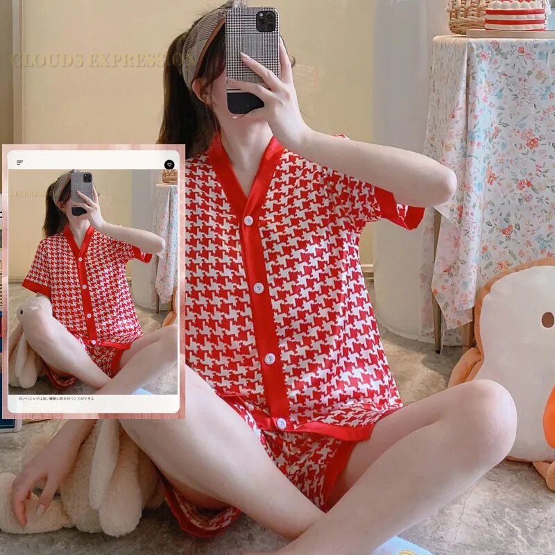 Our luxury woman classic thin Silk Pajama Sets Sexy Home wear Women's Casual Luxury Pajamas Thin Pajamas Female Sleepwear