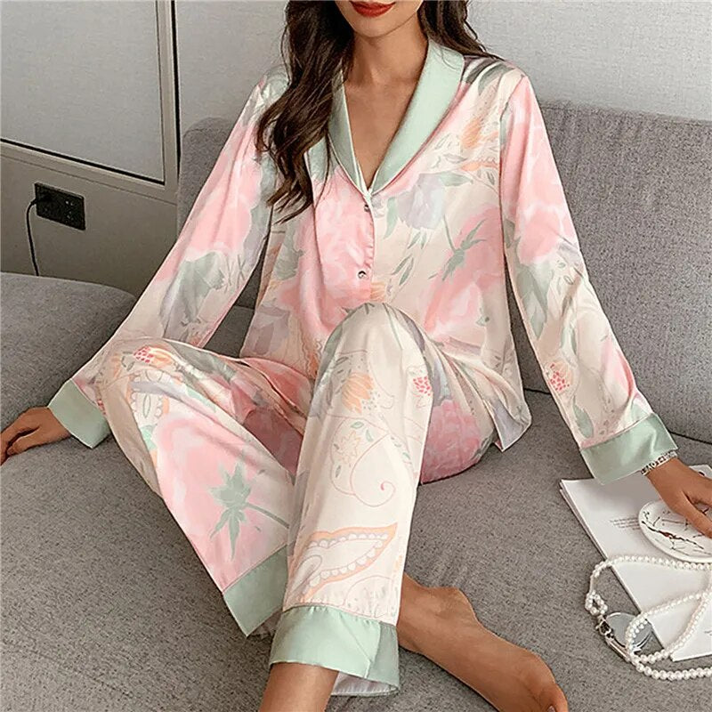 Our calofe Pajamas Set for Women Luxurious Sweet Satin Pajamas Woman Long Sleeve Long Pant Home Wear Ladies Sleepwear Sets Female