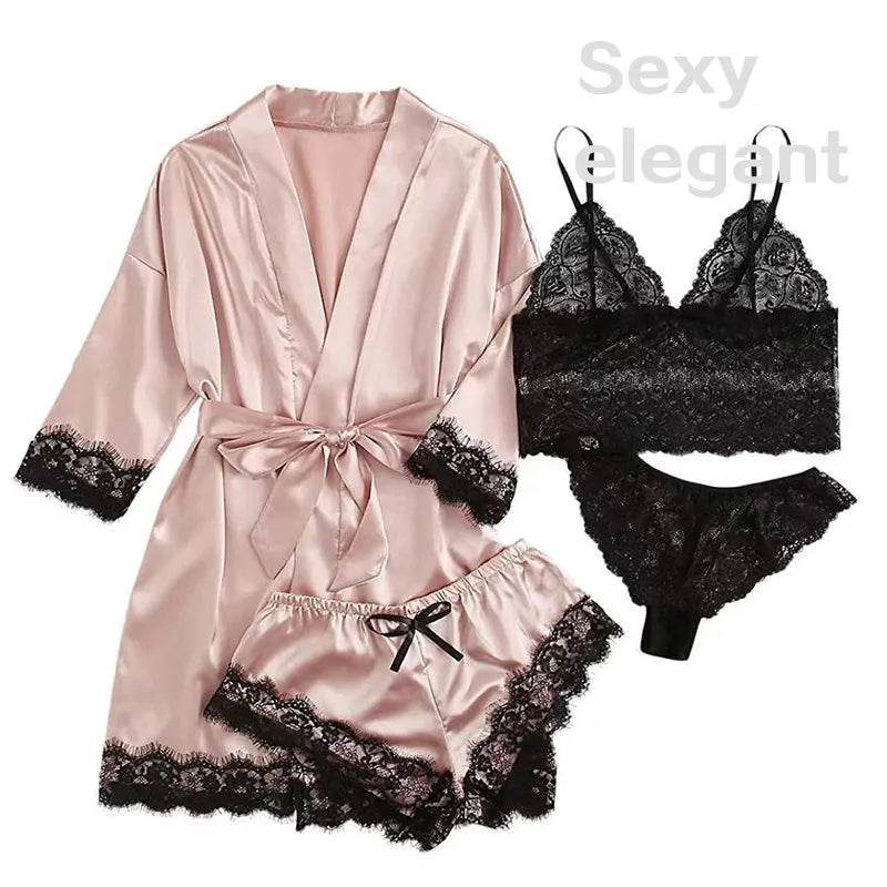 Diana 4 Pieces Woman Sleepwear Pajamas Set With Robe Sexy Lace Lingerie Bathrobe Silk Satin Home Clothed Nightwear Robe