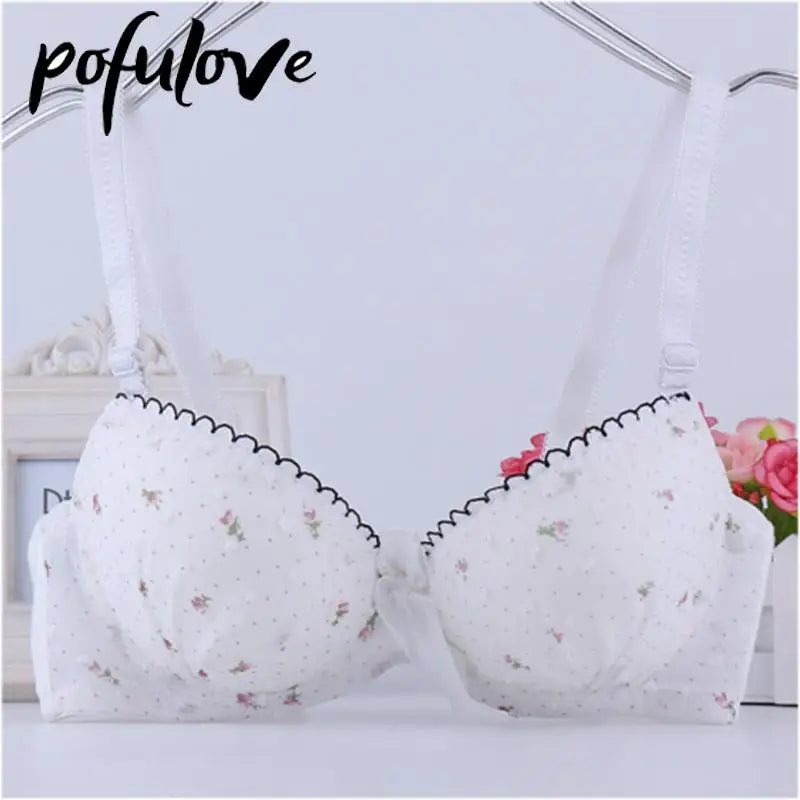 Our Bra for Teenage Girl Lolita Style Pink Push Up Bras Floral Lace Underwear Cute Sweet Bralette with Underwire Gathered Brasiere