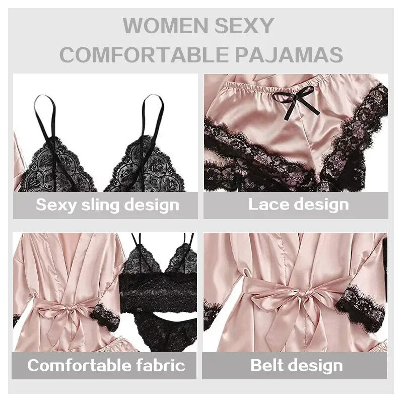 Diana 4 Pieces Woman Sleepwear Pajamas Set With Robe Sexy Lace Lingerie Bathrobe Silk Satin Home Clothed Nightwear Robe