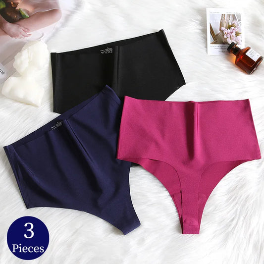 Our 3PCS Women's Panties Set High Waist Seamless Thongs Female Sexy Underwear Silk Satin Lingerie Hot Sale Plus Size G-Strings