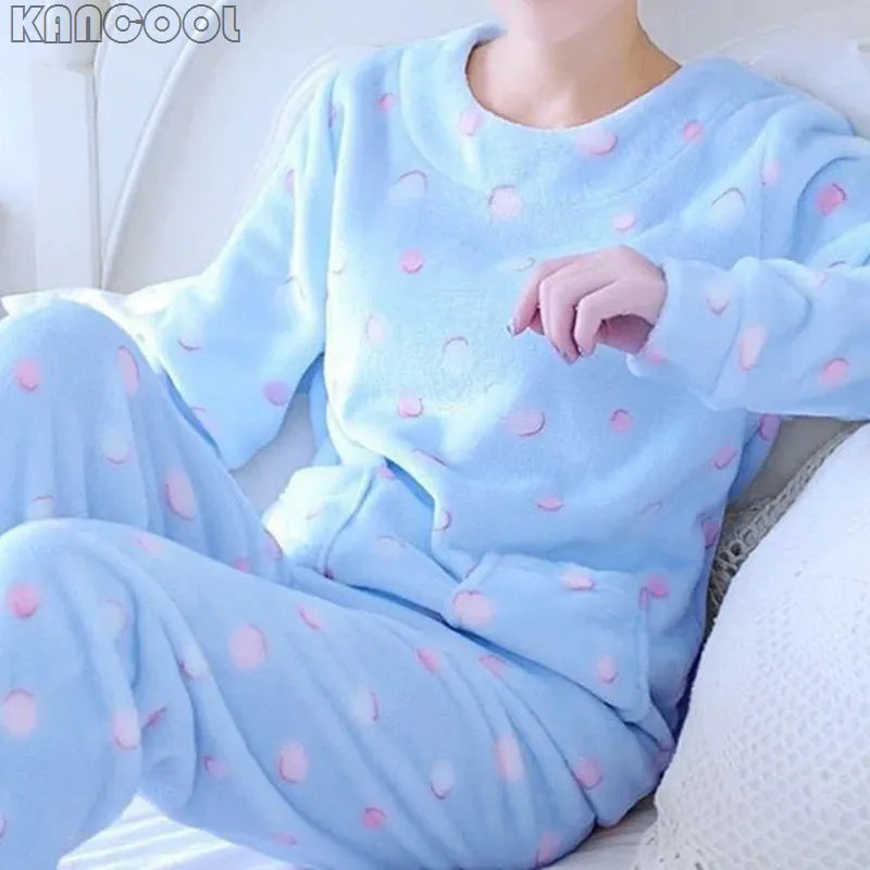 Our fluffy Autumn Winter Warm Flannel Women's Pajamas Set Long-Sleeved Trousers Two-Piece Set Cute Soft Home Wear Clothes For Women