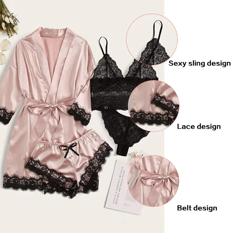 Diana 4 Pieces Woman Sleepwear Pajamas Set With Robe Sexy Lace Lingerie Bathrobe Silk Satin Home Clothed Nightwear Robe