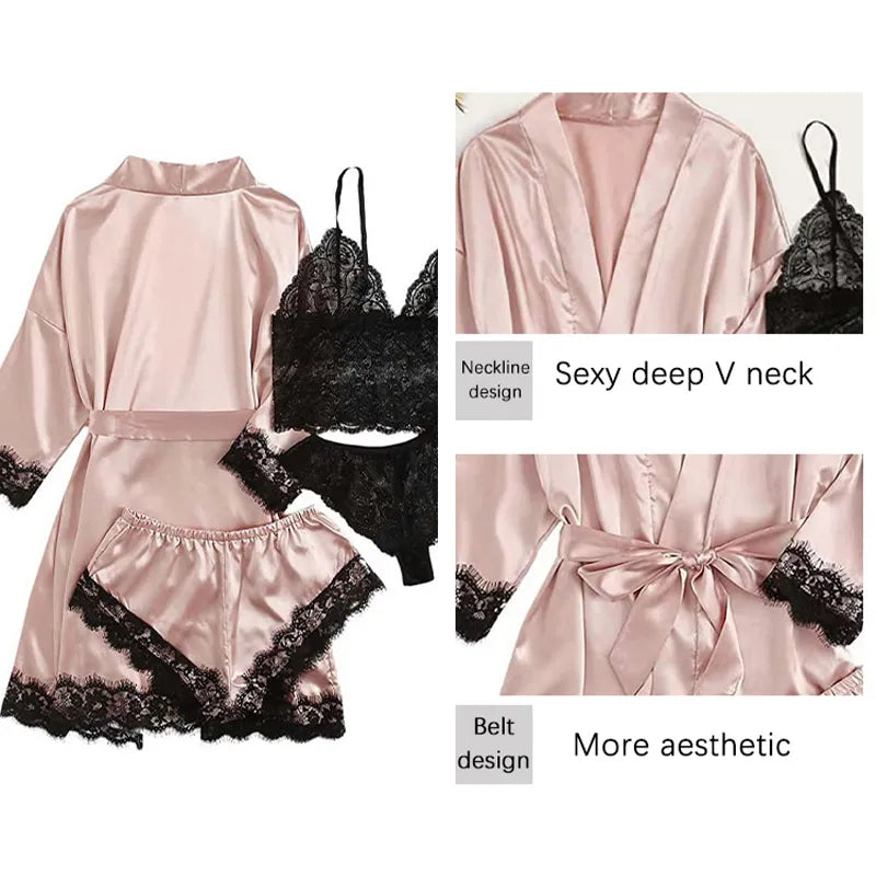 Diana 4 Pieces Woman Sleepwear Pajamas Set With Robe Sexy Lace Lingerie Bathrobe Silk Satin Home Clothed Nightwear Robe