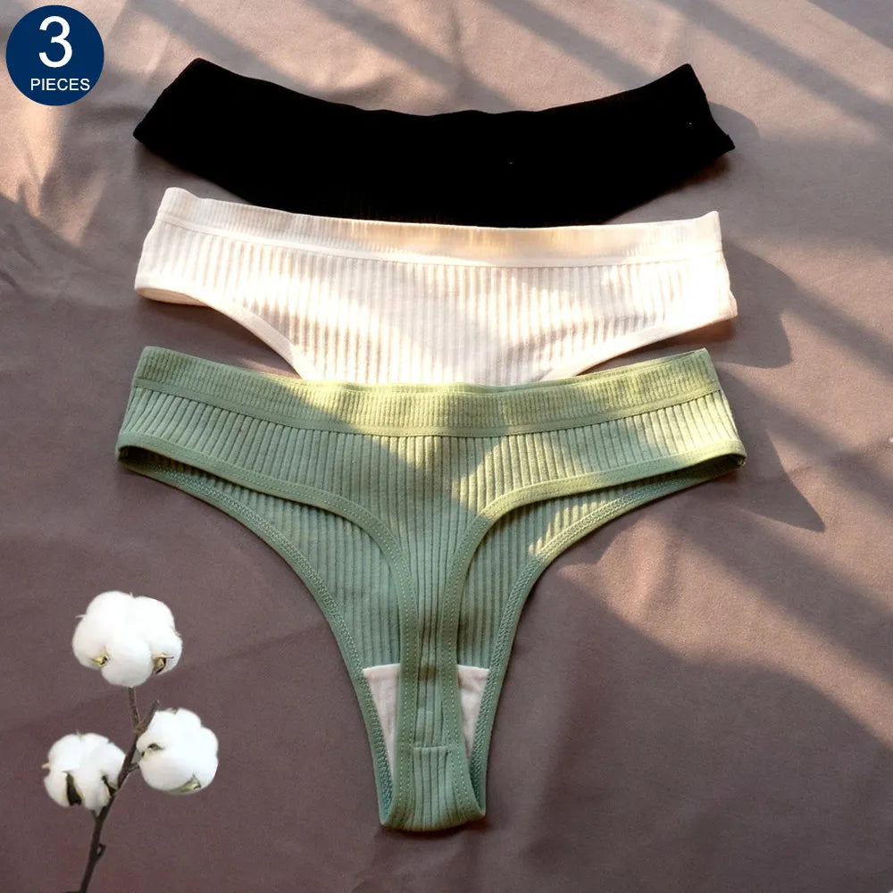 Our 3 Pcs Seamless Ladies Ribbed Cotton Thong/g-string Simple Women's Low Waist Bikini Briefs Sports Girls Underwear Plus Size