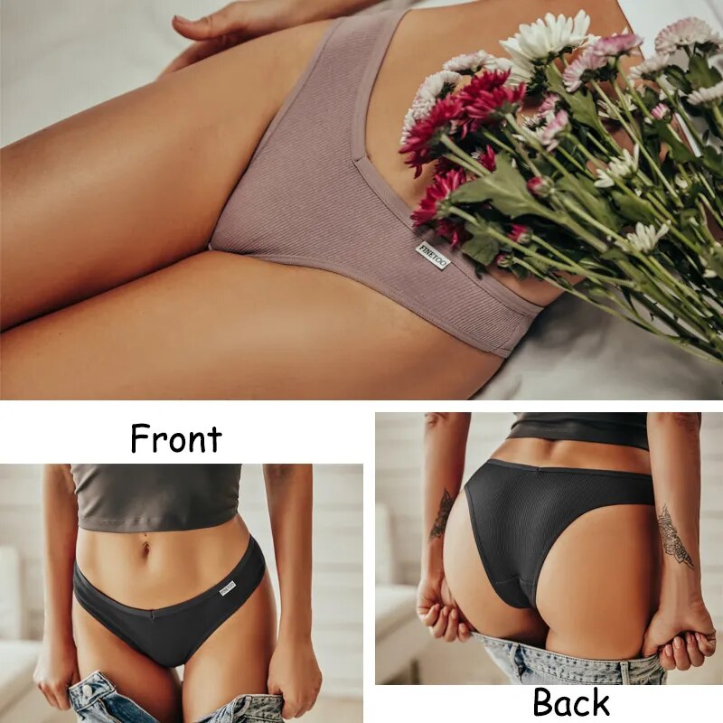 Our finetoo 4Pcs/Set Women Sexy 95%Cotton Brazilian Panties V-Waist Thong/ g-string Solid Color Underwear Low Rise Female Soft Intimates Lingerie