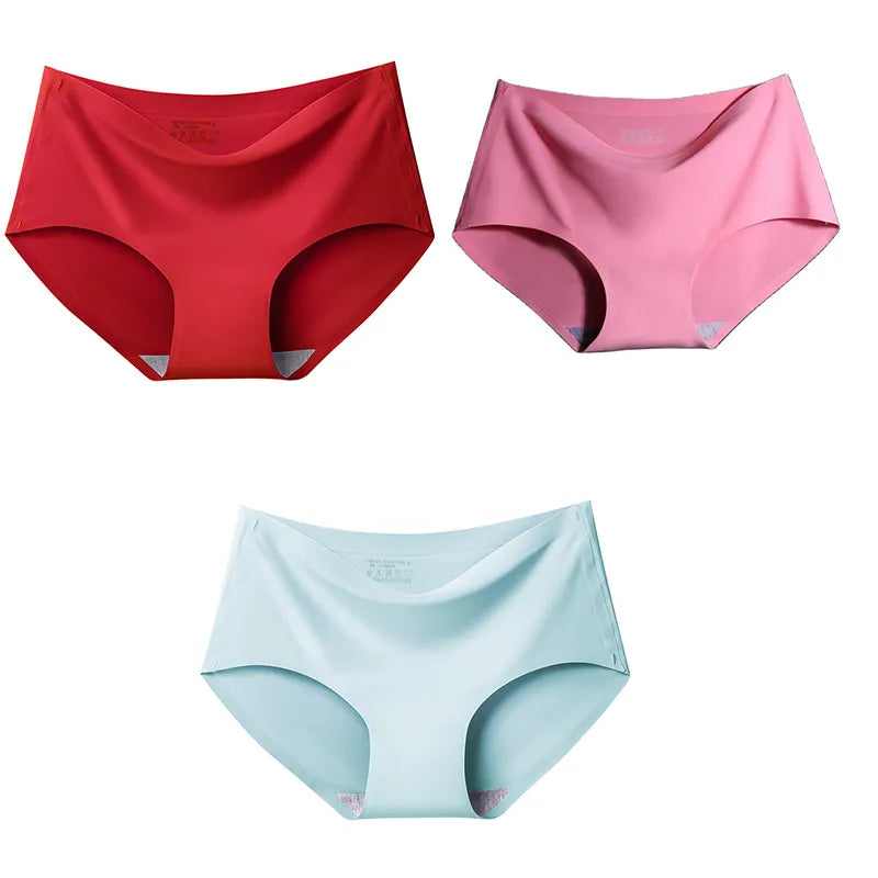 Catherine 3Pcs/Set Seamless Ice Silk Panties For Women Intimate Comfort Briefs Large Size Mid-waist M-XXL Multiple Color Options Lingerie