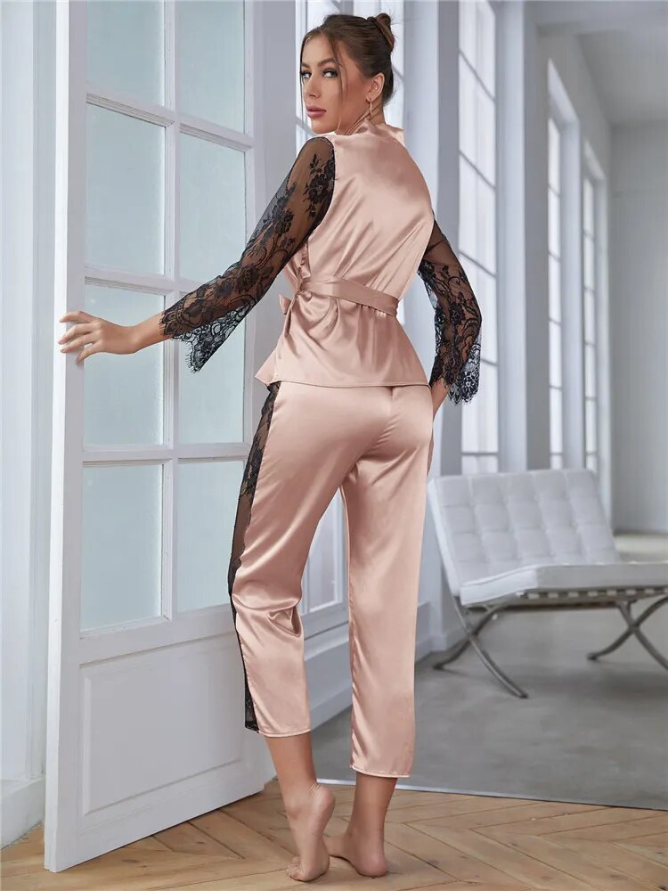 Our sexy luxury pajama for Women's Satin Pajamas Set Gorgeous Sleeve Top with Pant Contrast Lace Lounge Wear Hollow Out 2pcs Sleepwear