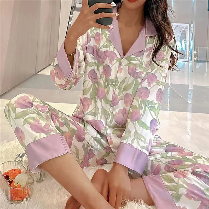 Our calofe Pajamas Set for Women Luxurious Sweet Satin Pajamas Woman Long Sleeve Long Pant Home Wear Ladies Sleepwear Sets Female