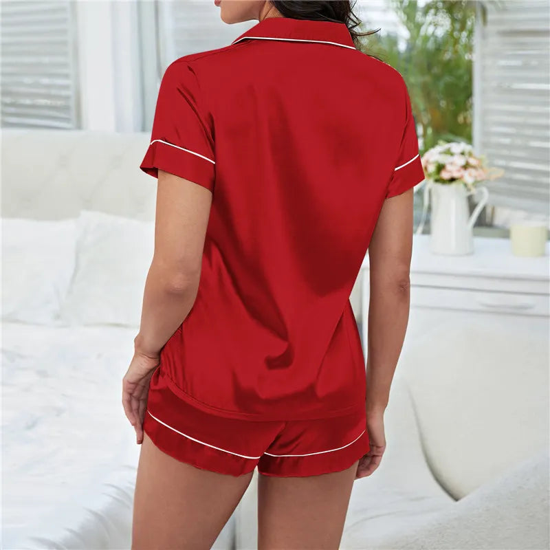 Our Womens Silk Satin Pajamas Set Short Sleeve Shorts Two-piece Pj Sets Sleepwear Loungewear Button-Down Plus Size M-2XL