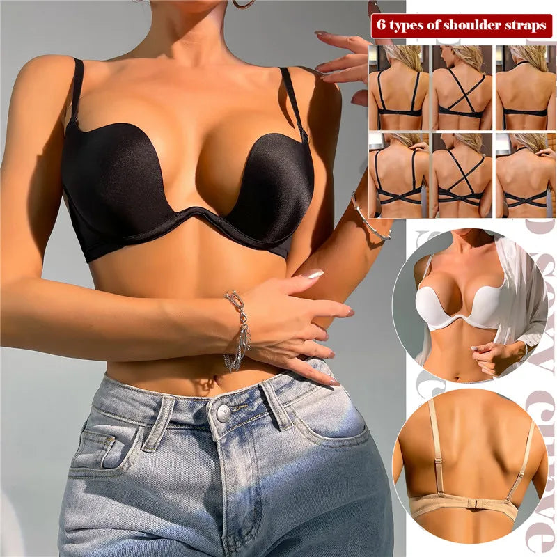 Our Sexy Push Up Bra for Women Backless Bras Low Cut Plunge Brassiere Open Back Wedding Underwear Invisible Seamless Deep U Lingerie