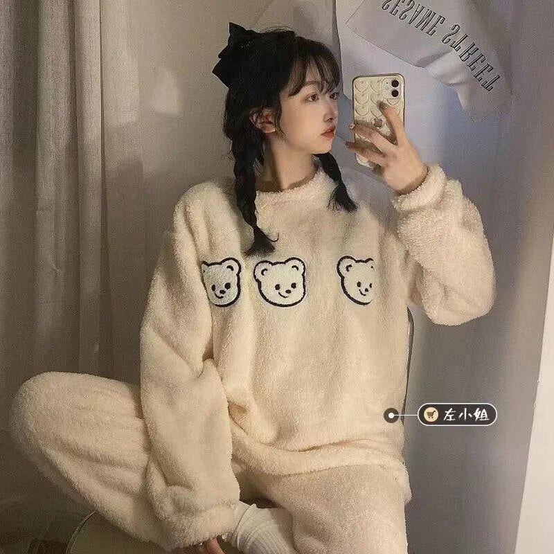 Our Flopy Flannel Women's Pajamas Sets Autumn Winter Sleepwear Love Printed Striped Velvet Pajama Ladies Pajama Set