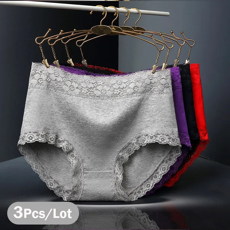 Our 3Pcs/Lot Women's Panties Lace Underwear for Female Cotton High Waist Briefs Plus Size Calcinha Lingeries Panty Ladies Underpants