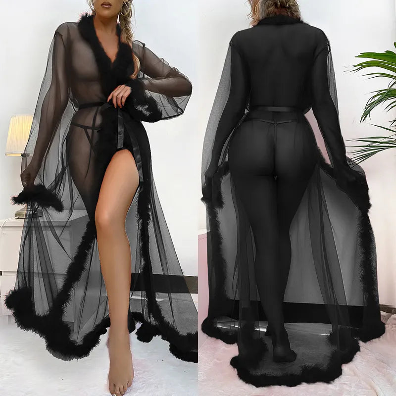 Miss Victoria Pretty luxury Sexy Lace Long Robe Dress Lingerie Sets With Belt and fur at the edges set of two