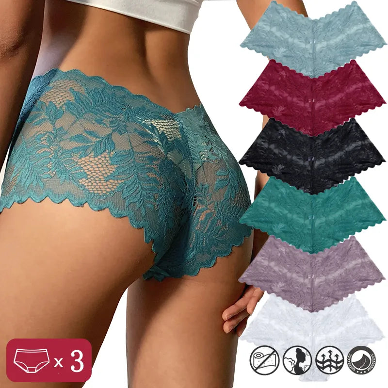 Our woman boxers 3PCS Women Sexy Lace Panties Floral Perspective Underwear Solid Color Intimates Female V-Waist Breathable Soft Lingerie