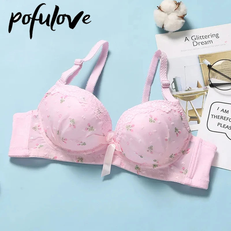 Our Teen Girl Bra Pink Kawaii Lace Floral Bras Push Up Bralette Wireless Underwear Seamless Brassiere Student Lingerie Cute 75 A B