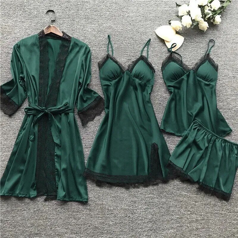 Cartie 4PCS/Set Sleep Suit Women Lace Set Sexy V-Neck Cami Nighties Comfortable Pajamas Nightwear Nightdress Fashion Home Clothes