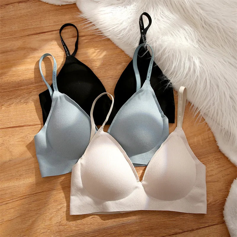 Our finetoo Women Wireless Bra Deep V Padded Bralette S-XL Trendy Stripe Knitting Bras Sexy Ladies Brassiere Solid Underwear 6 Color