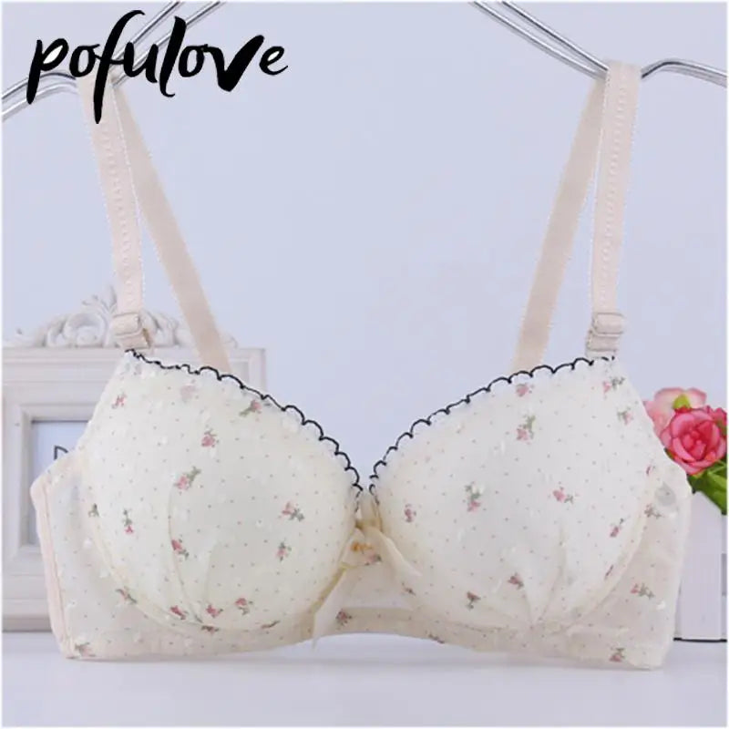 Our Bra for Teenage Girl Lolita Style Pink Push Up Bras Floral Lace Underwear Cute Sweet Bralette with Underwire Gathered Brasiere