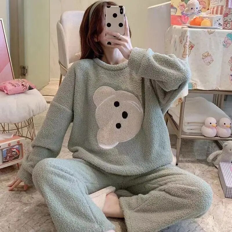 Our Flopy Flannel Women's Pajamas Sets Autumn Winter Sleepwear Love Printed Striped Velvet Pajama Ladies Pajama Set