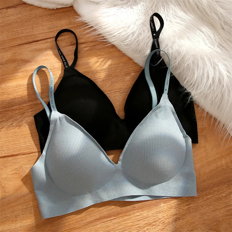 Our finetoo Women Wireless Bra Deep V Padded Bralette S-XL Trendy Stripe Knitting Bras Sexy Ladies Brassiere Solid Underwear 6 Color