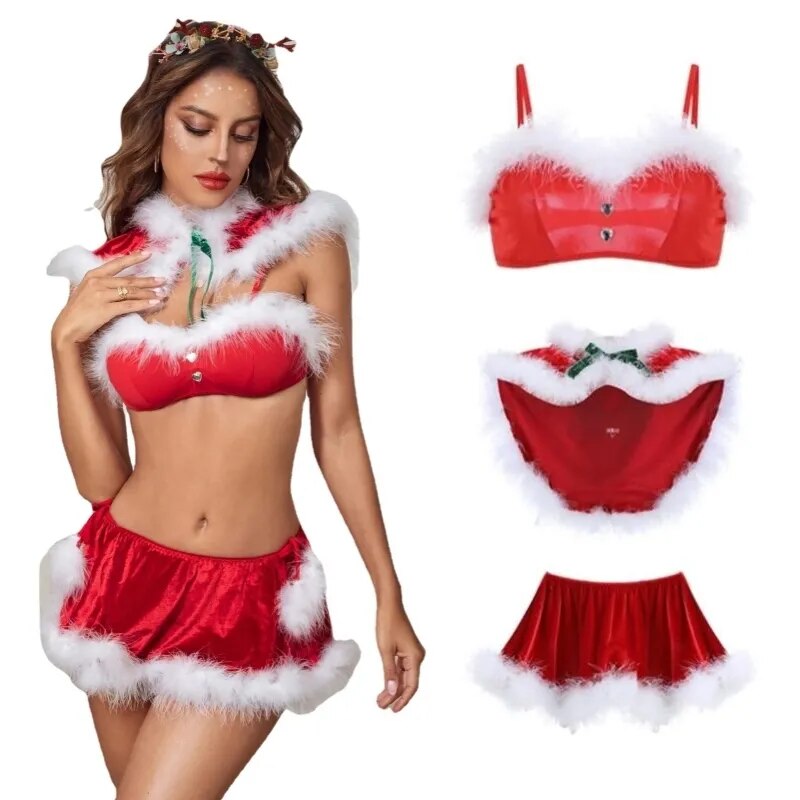 Santa is coming Christmas Nightwear Uniforms Women Sexy Lace Transparent Babydoll Dress New Year Red Lingerie Set