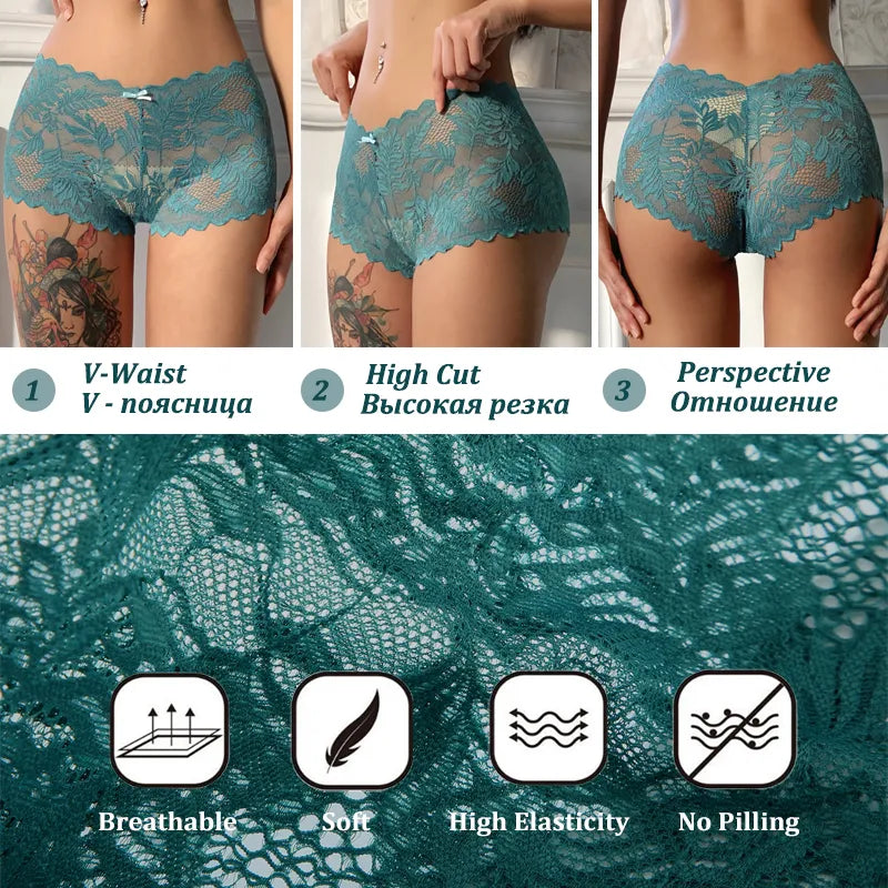 Our woman boxers 3PCS Women Sexy Lace Panties Floral Perspective Underwear Solid Color Intimates Female V-Waist Breathable Soft Lingerie