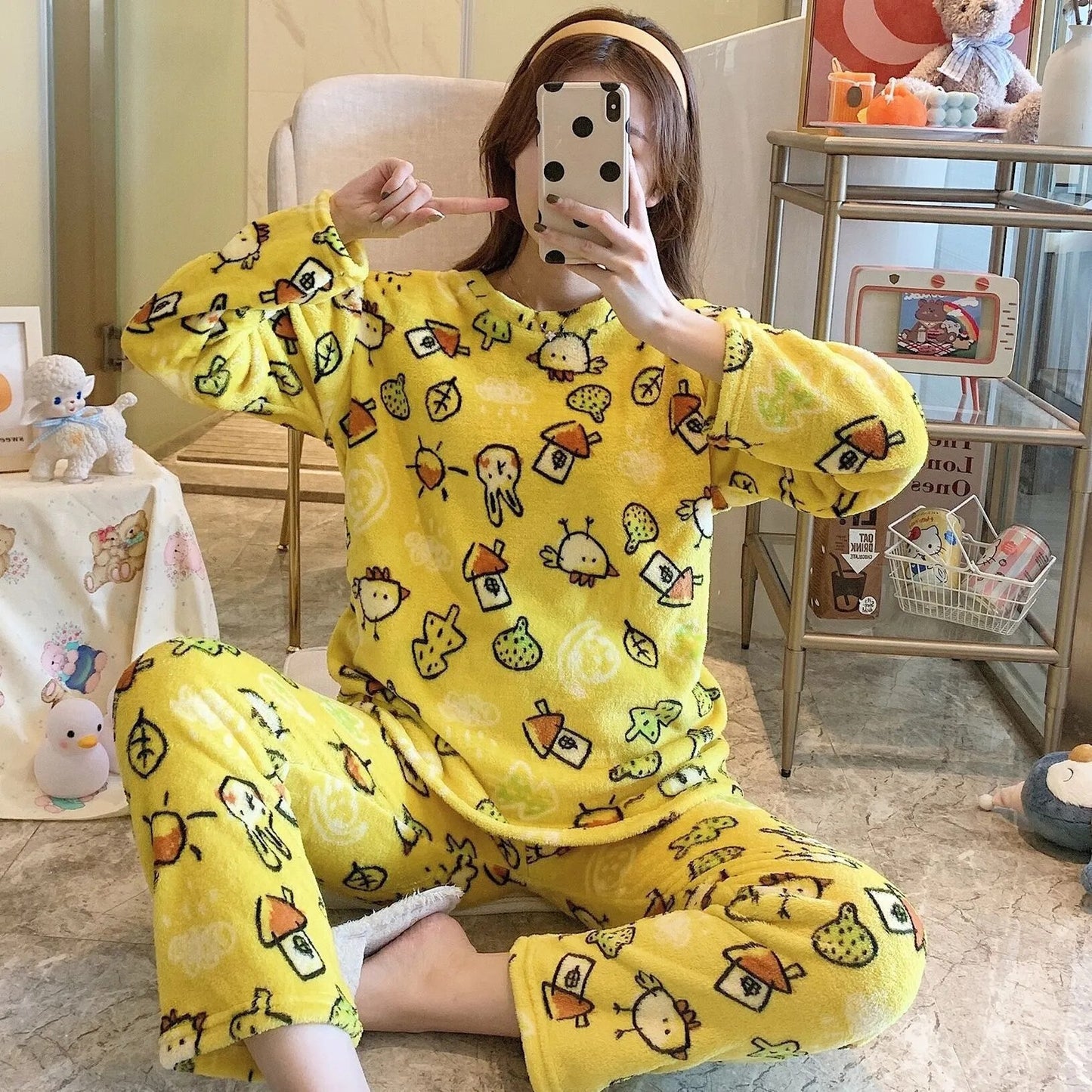 Our Flopy Flannel Women's Pajamas Sets Autumn Winter Sleepwear Love Printed Striped Velvet Pajama Ladies Pajama Set