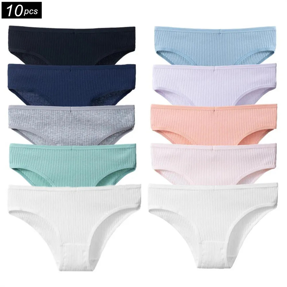 Our 10Pcs/Set Ribbed Cotton Briefs Women Panties Underwear Female Sexy Lady Bikini Pantys Solid Color Intimate Plus Size