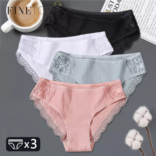 Our finetoo 3Pcs/set Women Cotton Panties M-2XL Low-Rise Underwear Trendy Patchwork Lace Briefs Female Soft Underpants Lingerie