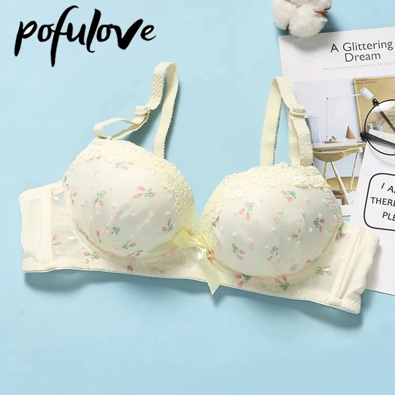 Our Teen Girl Bra Pink Kawaii Lace Floral Bras Push Up Bralette Wireless Underwear Seamless Brassiere Student Lingerie Cute 75 A B