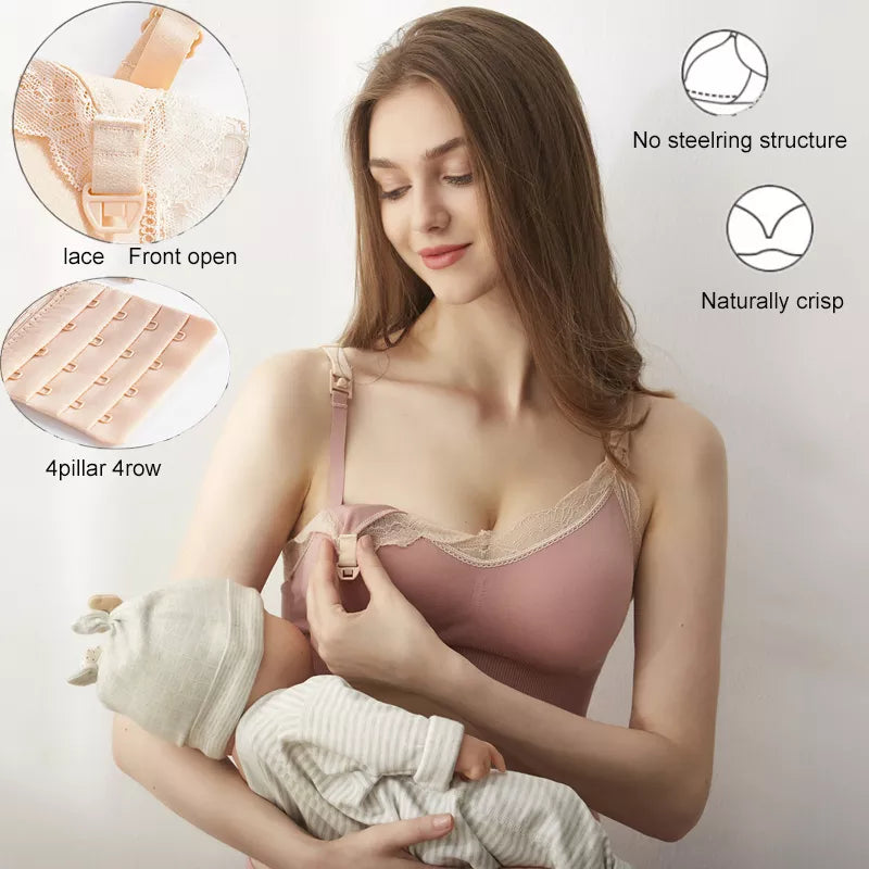 Our Wireless Front Open Nursing Bra Soft Lace Breathable Seamless Maternity Breastfeeding Bras Maternal Support For Pregnant Women