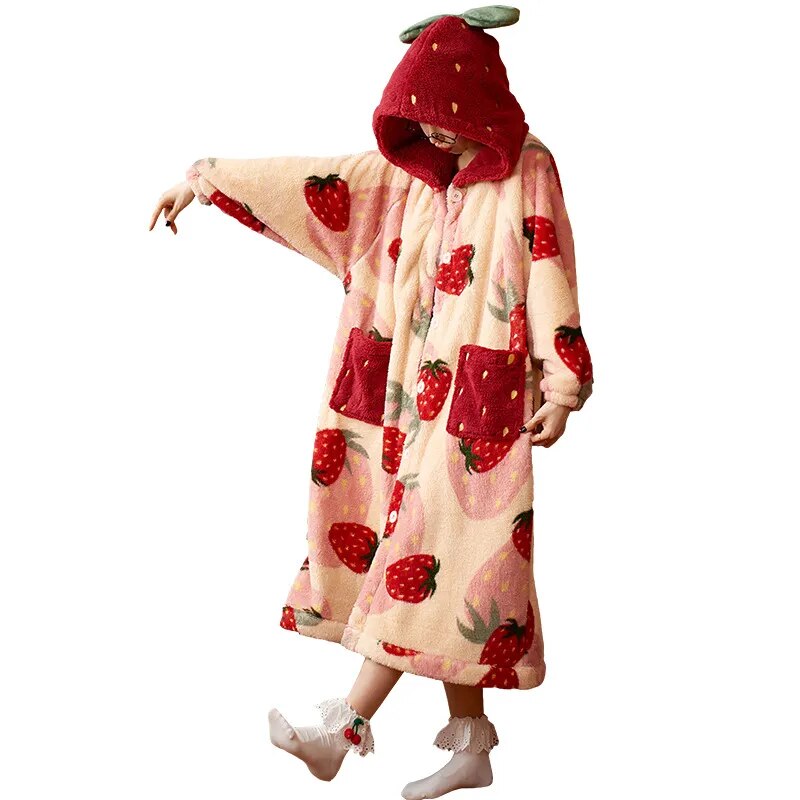 Charlotte in strawberry Winter Pajamas For Women Cartoon Hooded Long Robe Jacket Cute Home Wear Sleepwear Flannel Warm Comfy Lounge Bathrobe