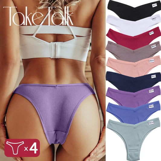 Our Sexy Cotton Panties for Women V-Waist G-String Thongs Solid Color Female Underwear Low Rise Brazilian Panties Lingerie 4Pcs/Set