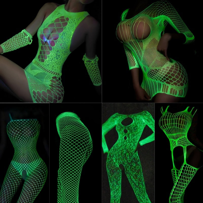 woman Glow In The Dark Fishnet teddy and Bodysuits bottomless Hot night dresses bottomless set of one