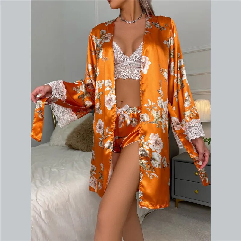 Christine Sexy Bathrobe pajamas Allover Leopard Print Nightdress Mesh Nightwear Cozy Belted Robe Lingerie Satin Pajamas