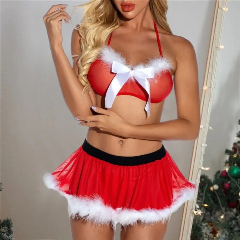 Santa is coming Christmas Costumes Women Sexy Lingerie Bra Skirt Thong Suit Plush Lace Tops Cosplay Briefs High Waist Sexy Sleepwear and dress