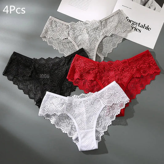 Our 4pcs Fashion Sexy Panties Comfortable Briefs Exquisite Crotchless Shorts Solid Lingerie Sexy Lace Hollow Out Underwear Women